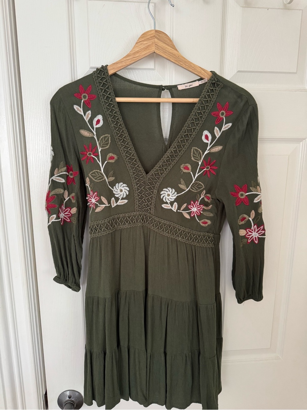 Francesca Embroidered Olive Green V-Neck Boho Dress